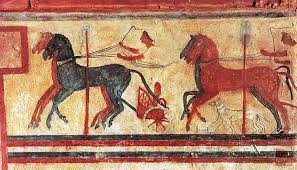 Particolare della corsa delle bighe dipinta nell'atrio della Tomba del Colle di Chiusi. Le pitture si datano tra il 475 e il 450 a.C.
